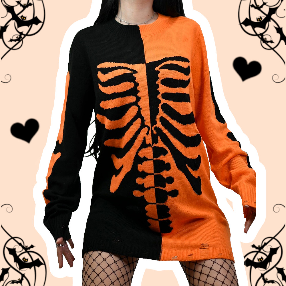 Skeleton Doll Pastel Goth Black Orange Knit Loose Sweater